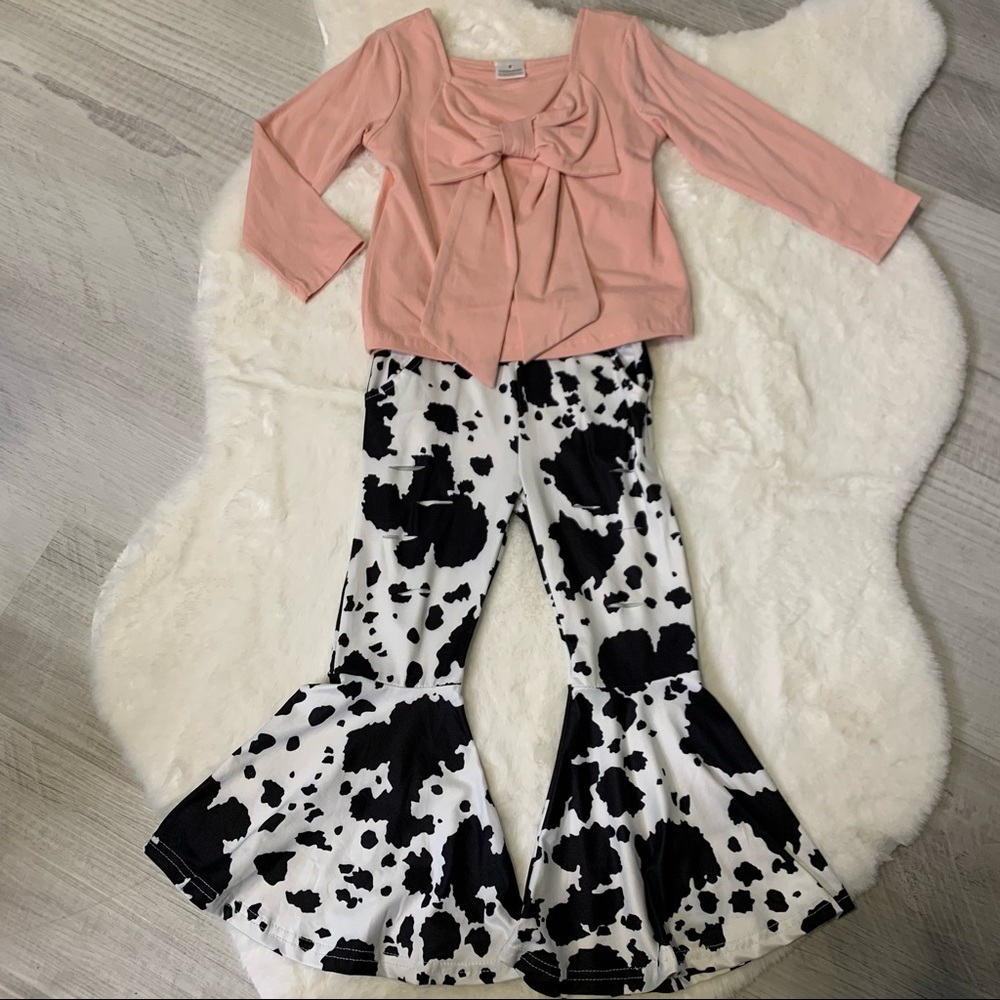 Pink Bow Top with Cow Print Pants NWT, Size 5T Toddler Girl
